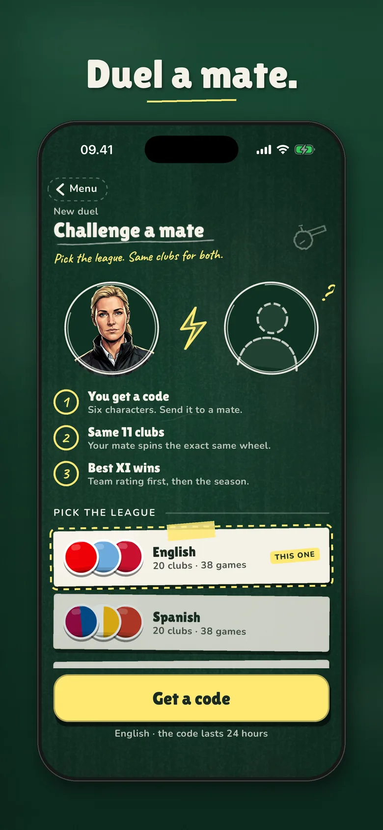 Duel a mate with a six-character code